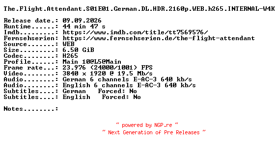 NFO for the release The.Flight.Attendant.S01E01.German.DL.HDR.2160p.WEB.h265.INTERNAL-W4K by W4K