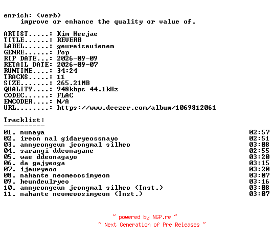 NFO for the release Kim_Heejae-REVERB-KR-16BIT-WEB-FLAC-2026-ENRiCH by ENRiCH