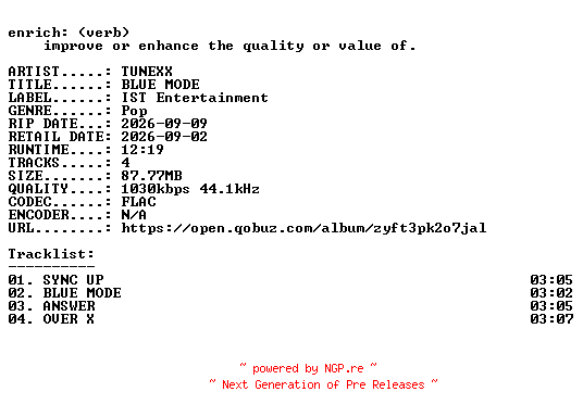 NFO for the release TUNEXX-BLUE_MODE-KR-EP-16BIT-WEB-FLAC-2026-ENRiCH by ENRiCH
