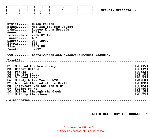 NFO for the release Brian_Fallon-Not_Bad_for_New_Jersey-(WEB)-2026-RUMBLE by RUMBLE