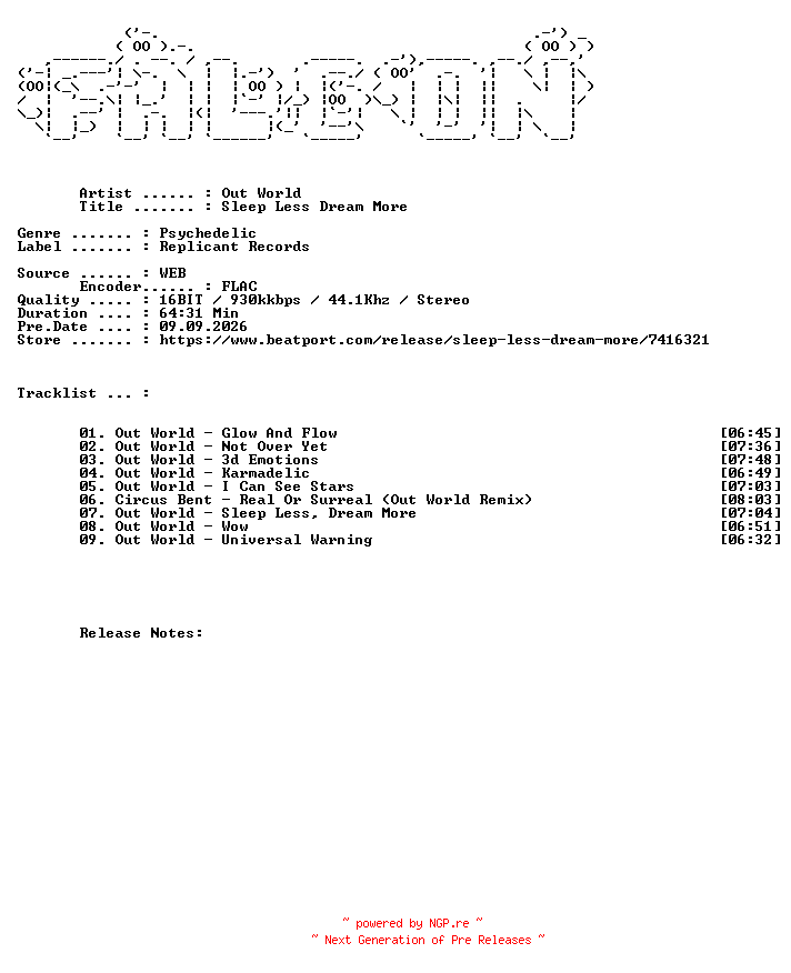 NFO for the release Out_World-Sleep_Less_Dream_More-(RR047)-16BIT-WEB-FLAC-2026-FALCON by FALCON