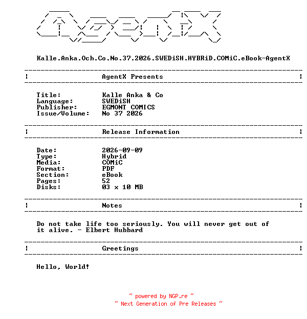 NFO for the release Kalle.Anka.Och.Co.No.37.2026.SWEDiSH.HYBRiD.COMiC.eBook-AgentX by AgentX