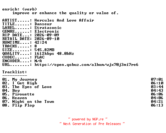 NFO for the release Hercules_And_Love_Affair-Danseur-24BIT-WEB-FLAC-2026-ENRiCH by ENRiCH