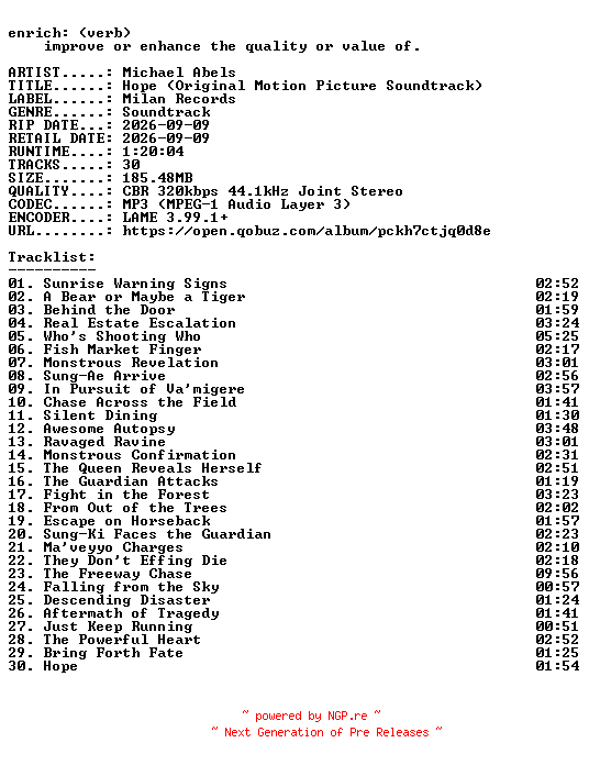 NFO for the release Michael_Abels-Hope_(Original_Motion_Picture_Soundtrack)-OST-WEB-2026-ENRiCH by ENRiCH