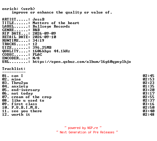 NFO for the release JessB-Matters_of_the_heart-24BIT-WEB-FLAC-2026-ENRiCH by ENRiCH