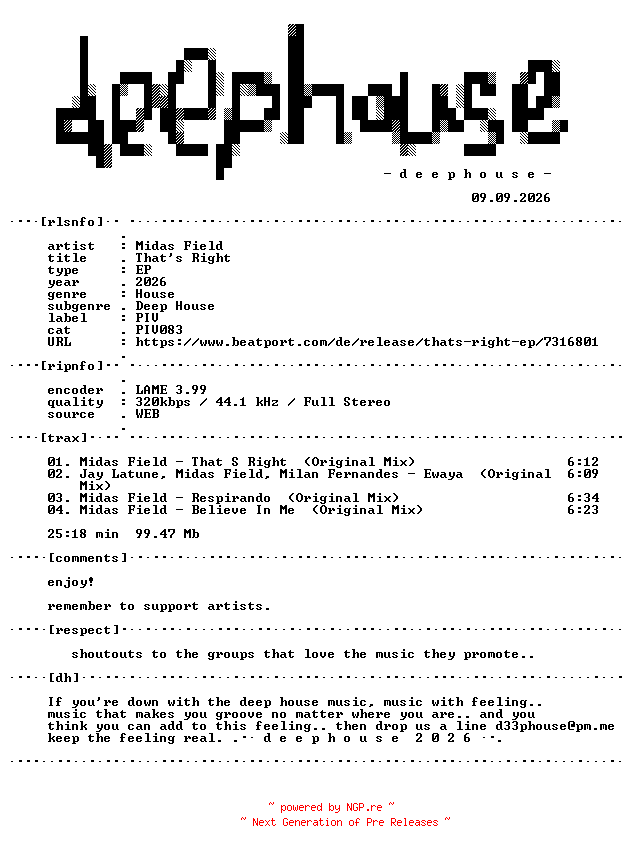 NFO for the release Midas_Field-Thats_Right-(PIV083)-WEB-2026-dh by dh
