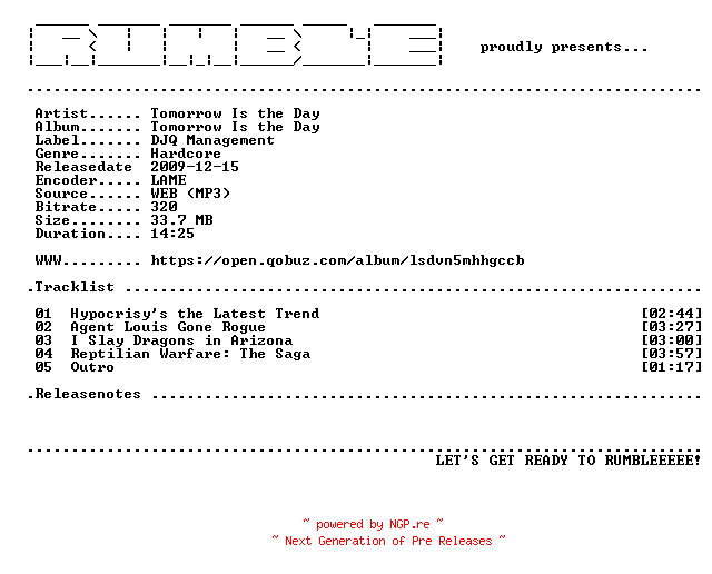 NFO for the release Tomorrow_Is_the_Day-Tomorrow_Is_the_Day-EP-(WEB)-2009-RUMBLE by RUMBLE