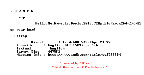 NFO for the release Hello.My.Name.is.Doris.2015.720p.BluRay.x264-DRONES by DRONES
