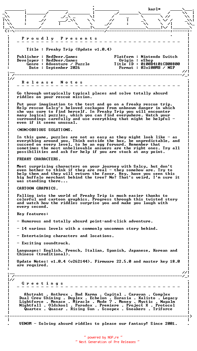 NFO for the release Freaky_Trip_Update_v1.0.4_NSW-VENOM by VENOM