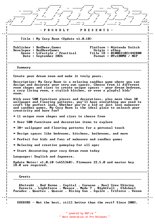 NFO for the release My_Cozy_Room_Update_v1.0.10_NSW-SUXXORS by SUXXORS