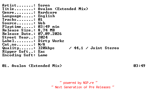 NFO for the release Soren-Avalon_(Extended_Mix)-SINGLE-WEB-2024-XTC_iNT by XTC_iNT