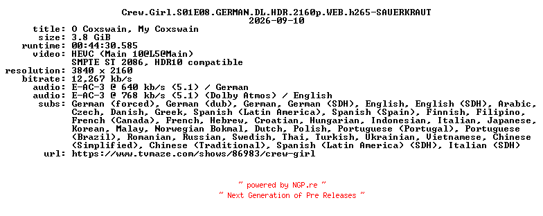 NFO for the release Crew.Girl.S01E08.GERMAN.DL.HDR.2160p.WEB.h265-SAUERKRAUT by SAUERKRAUT