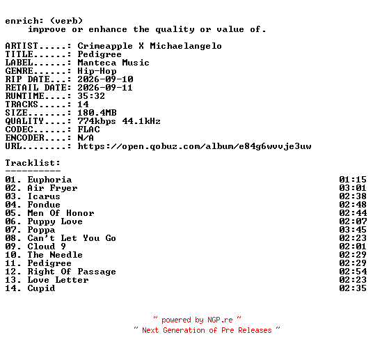 NFO for the release Crimeapple_X_Michaelangelo-Pedigree-16BIT-WEB-FLAC-2026-ENRiCH by ENRiCH