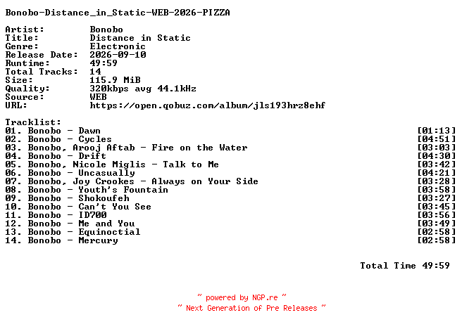 NFO for the release Bonobo-Distance_in_Static-WEB-2026-PIZZA by PIZZA