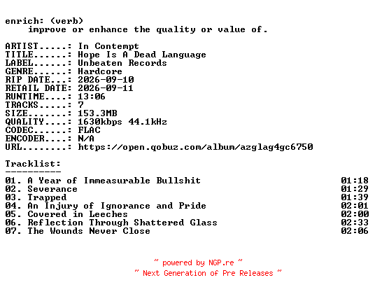 NFO for the release In_Contempt-Hope_Is_A_Dead_Language-EP-24BIT-WEB-FLAC-2026-ENRiCH by ENRiCH