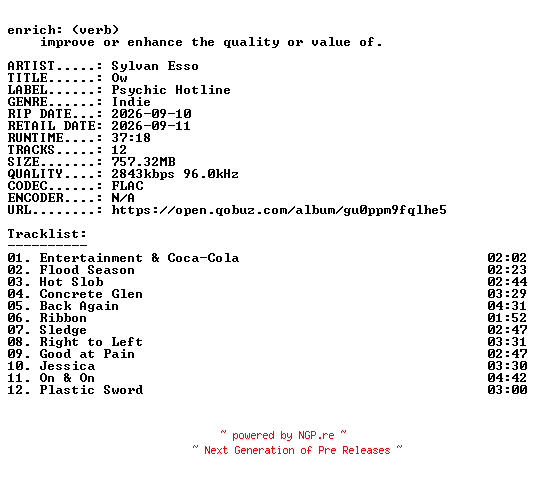 NFO for the release Sylvan_Esso-Ow_-24BIT-WEB-FLAC-2026-ENRiCH by ENRiCH