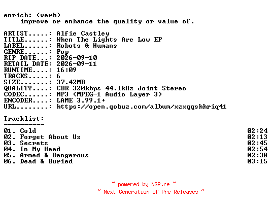 NFO for the release Alfie_Castley-When_The_Lights_Are_Low_EP-WEB-2026-ENRiCH by ENRiCH