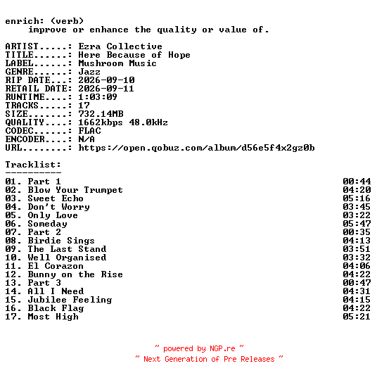 NFO for the release Ezra_Collective-Here_Because_of_Hope-24BIT-WEB-FLAC-2026-ENRiCH by ENRiCH