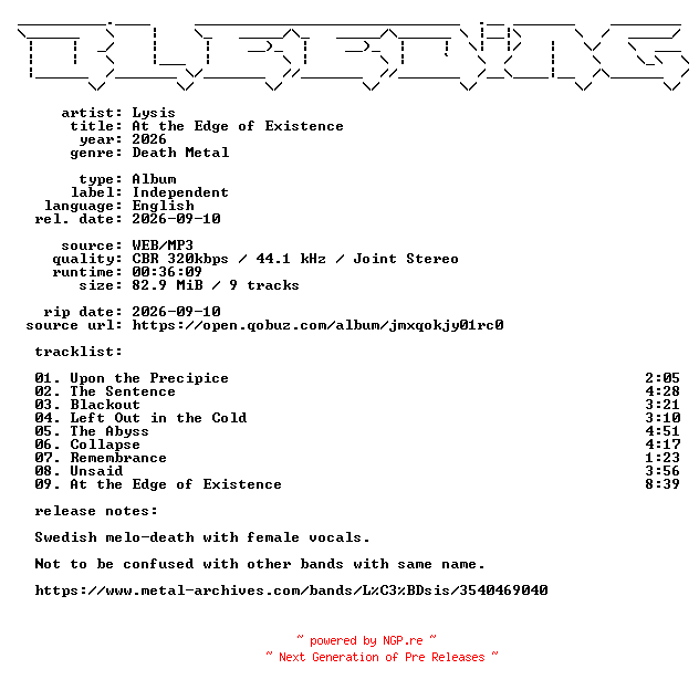 NFO for the release Lysis-At_the_Edge_of_Existence-WEB-2026-BLEEDiNG by BLEEDiNG
