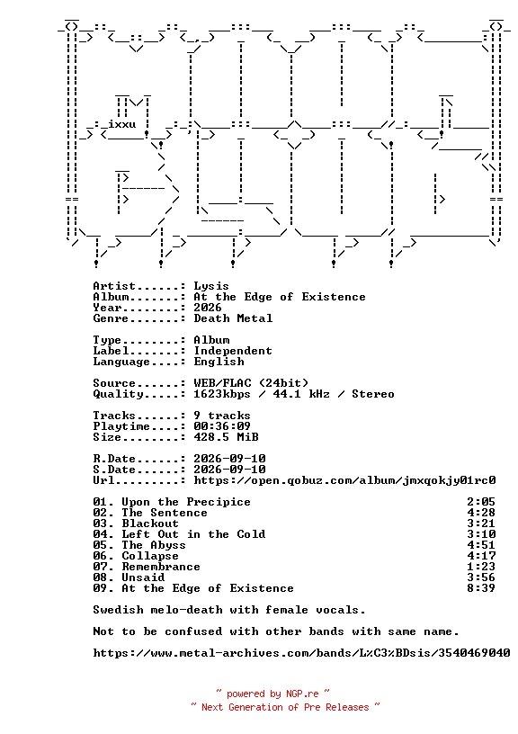 NFO for the release Lysis-At_the_Edge_of_Existence-24BIT-WEB-FLAC-2026-MOONBLOOD by MOONBLOOD