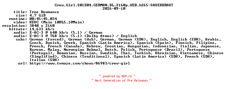 NFO for the release Crew.Girl.S01E04.GERMAN.DL.2160p.WEB.h265-SAUERKRAUT by SAUERKRAUT