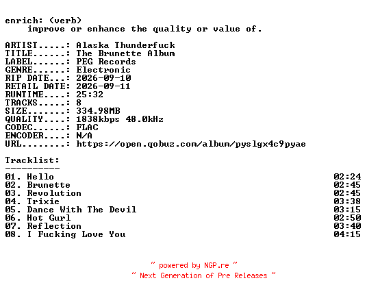 NFO for the release Alaska_Thunderfuck-The_Brunette_Album-24BIT-WEB-FLAC-2026-ENRiCH by ENRiCH