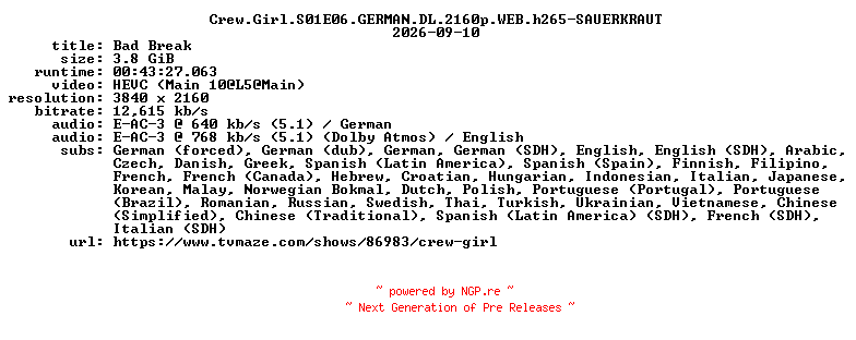 NFO for the release Crew.Girl.S01E06.GERMAN.DL.2160p.WEB.h265-SAUERKRAUT by SAUERKRAUT