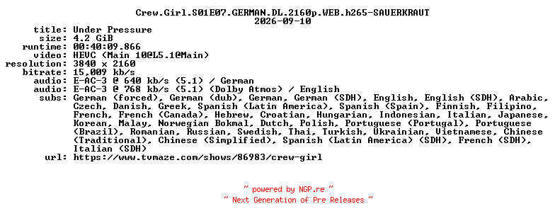 NFO for the release Crew.Girl.S01E07.GERMAN.DL.2160p.WEB.h265-SAUERKRAUT by SAUERKRAUT