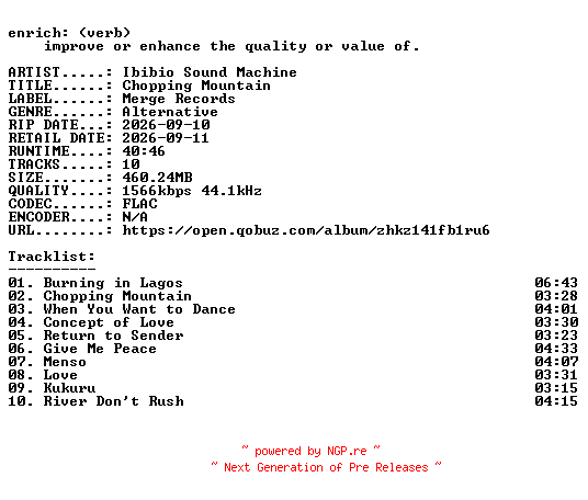 NFO for the release Ibibio_Sound_Machine-Chopping_Mountain-24BIT-WEB-FLAC-2026-ENRiCH by ENRiCH