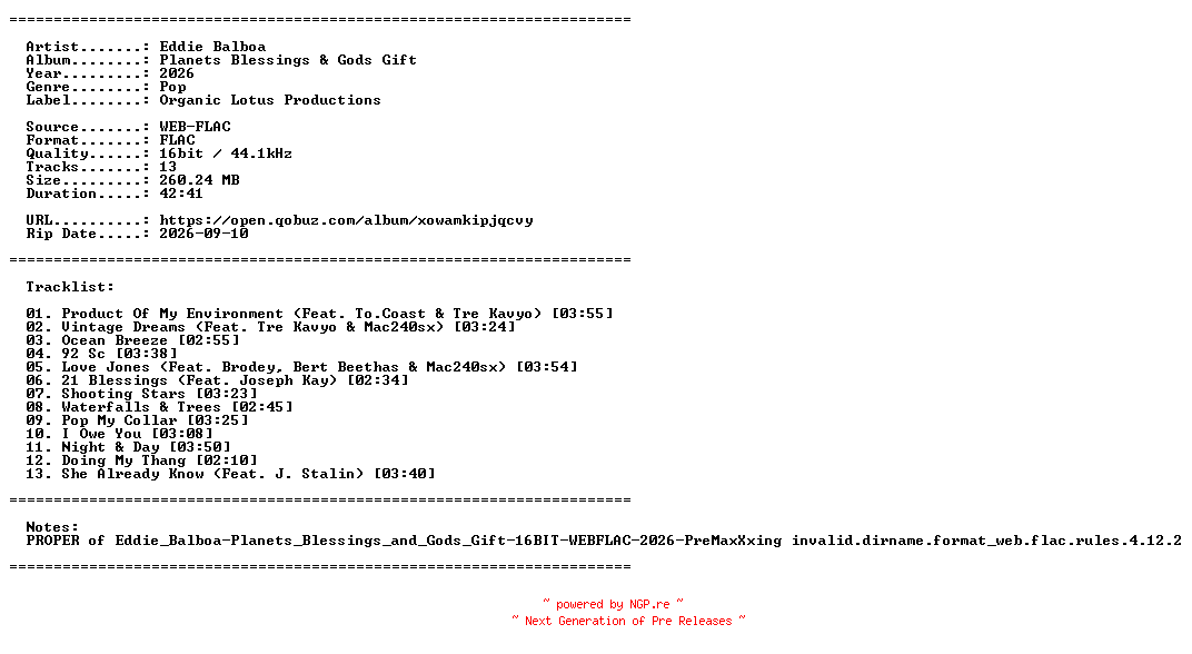 NFO for the release Eddie_Balboa-Planets_Blessings_and_Gods_Gift-PROPER-16BIT-WEB-FLAC-2026-PROAUTOPROPER by PROAUTOPROPER