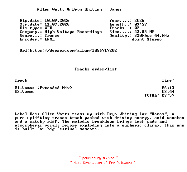 NFO for the release Allen_Watts_And_Bryn_Whiting_-_Vamos-(HVR250)-WEB-2026-FMC by FMC