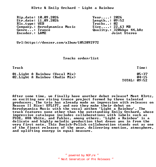 NFO for the release H3rtz_And_Emily_Orchard_-_Light_A_Rainbow-(AER182)-WEB-2026-FMC by FMC