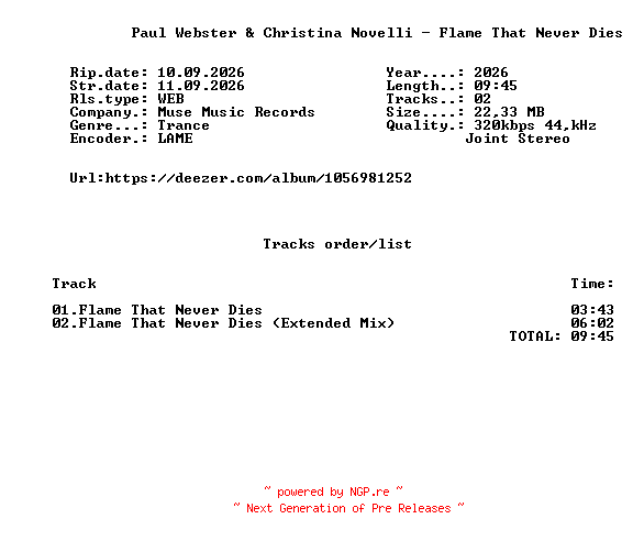 NFO for the release Paul_Webster_And_Christina_Novelli_-_Flame_That_Never_Dies-(MUSE035)-WEB-2026-FMC by FMC
