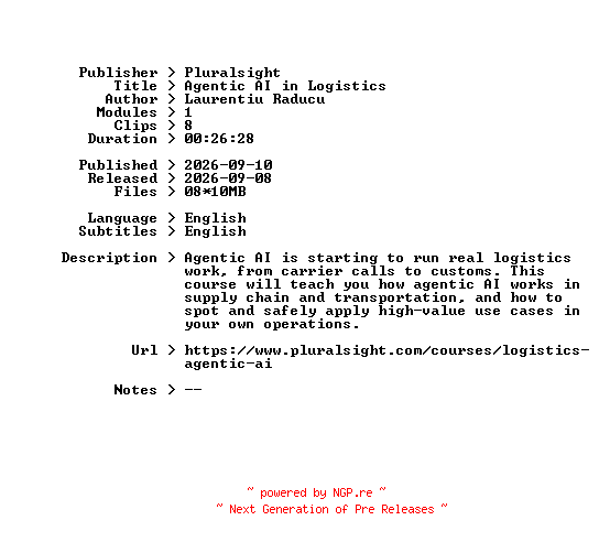 NFO for the release Pluralsight.Agentic.AI.in.Logistics.2026.BOOKWARE-GETH by GETH