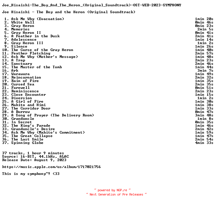 NFO for the release Joe_Hisaishi-The_Boy_And_The_Heron_(Original_Soundtrack)-OST-WEB-2023-SYMPHONY by SYMPHONY