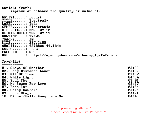 NFO for the release Locust-Spectral-16BIT-WEB-FLAC-2026-ENRiCH by ENRiCH