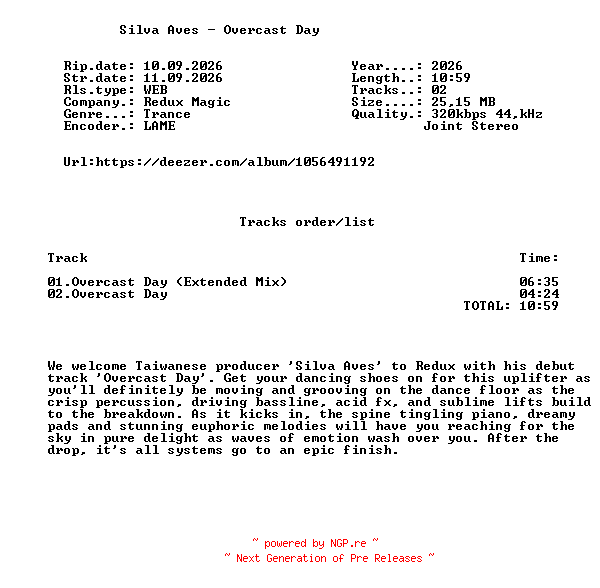 NFO for the release Silva_Aves_-_Overcast_Day-(RDXM390)-WEB-2026-FMC by FMC