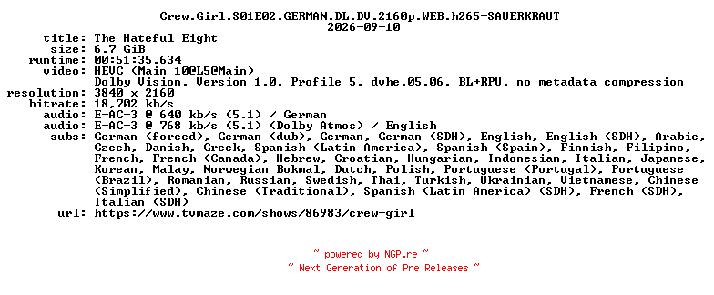 NFO for the release Crew.Girl.S01E02.GERMAN.DL.DV.2160p.WEB.h265-SAUERKRAUT by SAUERKRAUT