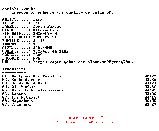 NFO for the release Lack-Lack-16BIT-WEB-FLAC-2026-ENRiCH by ENRiCH