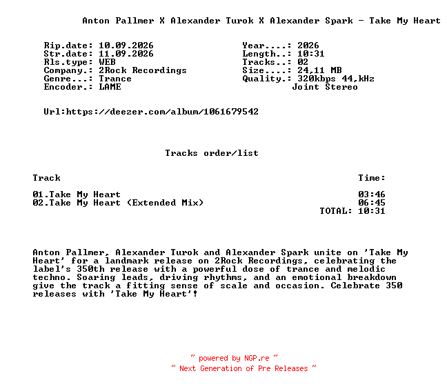 NFO for the release Anton_Pallmer_X_Alexander_Turok_X_Alexander_Spark_-_Take_My_Heart-(2RR350)-WEB-2026-FMC by FMC