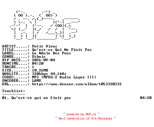 NFO for the release Petit_Virus-Quest-ce_Qui_Ne_Finit_Pas-SINGLE-WEB-FR-2026-AZF by AZF