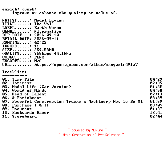 NFO for the release Model_Living-The_Wall-16BIT-WEB-FLAC-2026-ENRiCH by ENRiCH