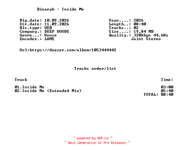 NFO for the release Binaryh_-_Inside_Me-(DEEPWOODS227)-WEB-2026-FMC by FMC