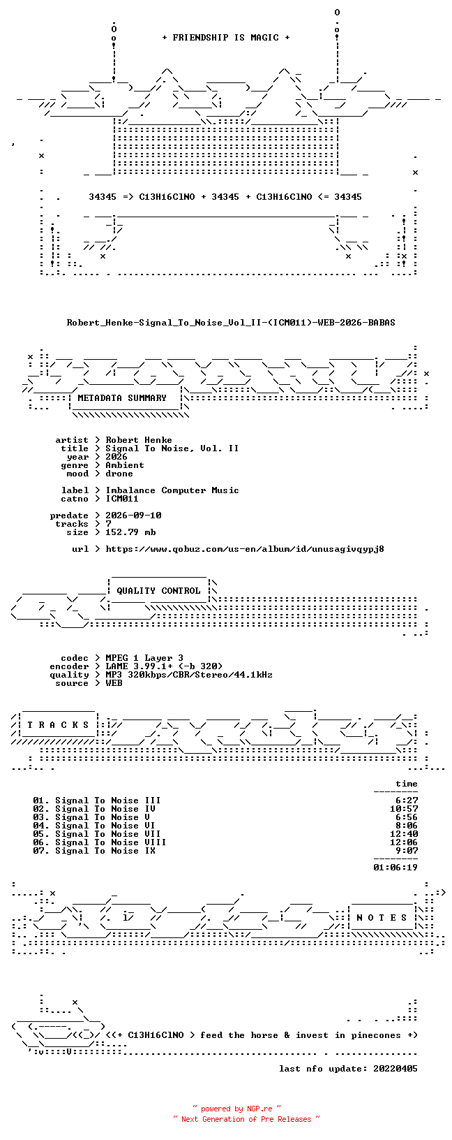 NFO for the release Robert_Henke-Signal_To_Noise_Vol_II-(ICM011)-WEB-2026-BABAS by BABAS