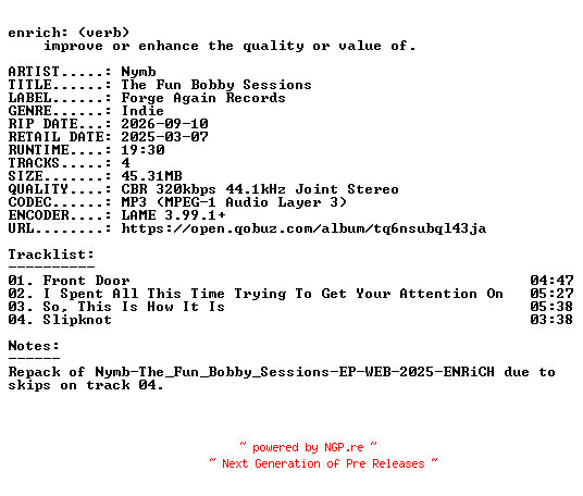 NFO for the release Nymb-The_Fun_Bobby_Sessions-REPACK-EP-WEB-2025-ENRiCH by ENRiCH