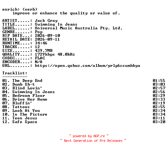 NFO for the release Jack_Gray-Swimming_In_Jeans-24BIT-WEB-FLAC-2026-ENRiCH by ENRiCH