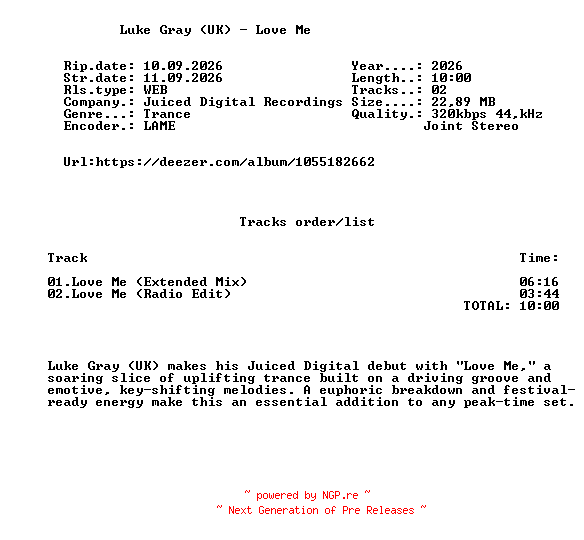 NFO for the release Luke_Gray_(UK)_-_Love_Me-(JDR166)-WEB-2026-FMC by FMC