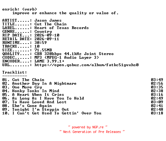 NFO for the release Jason_James-Cut_The_Chain-WEB-2026-ENRiCH by ENRiCH