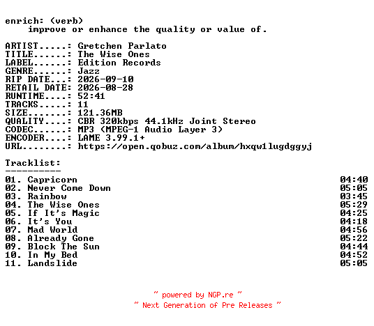 NFO for the release Gretchen_Parlato-The_Wise_Ones-WEB-2026-ENRiCH by ENRiCH