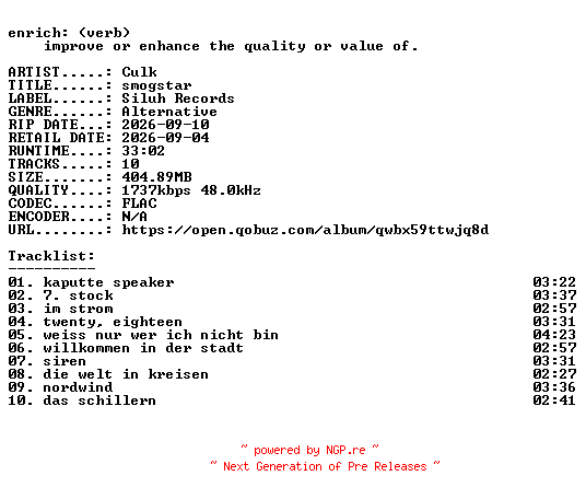 NFO for the release Culk-smogstar-DE-24BIT-WEB-FLAC-2026-ENRiCH by ENRiCH